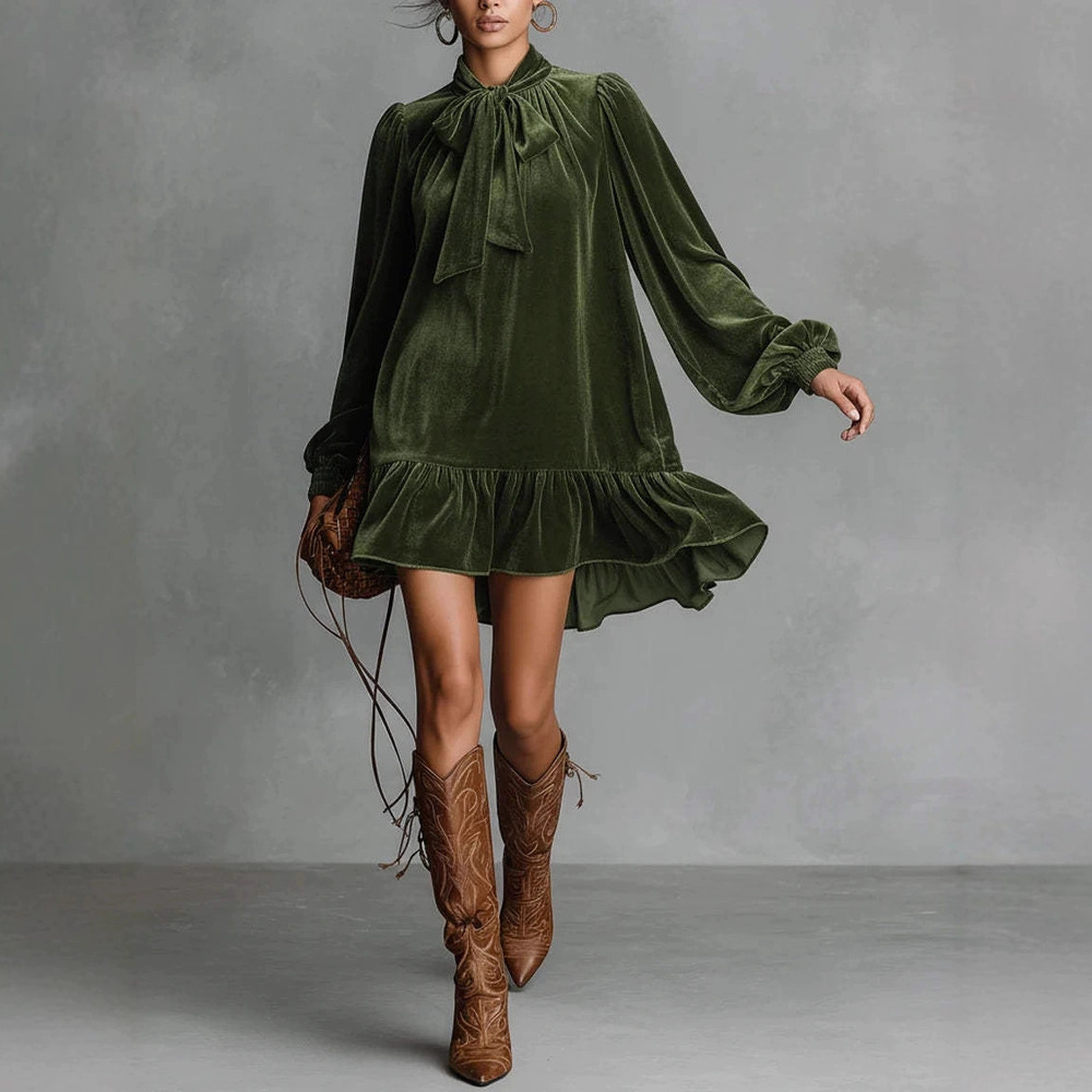 ZARA Elegant French Velvet Bow Long Sleeve Formal Dress